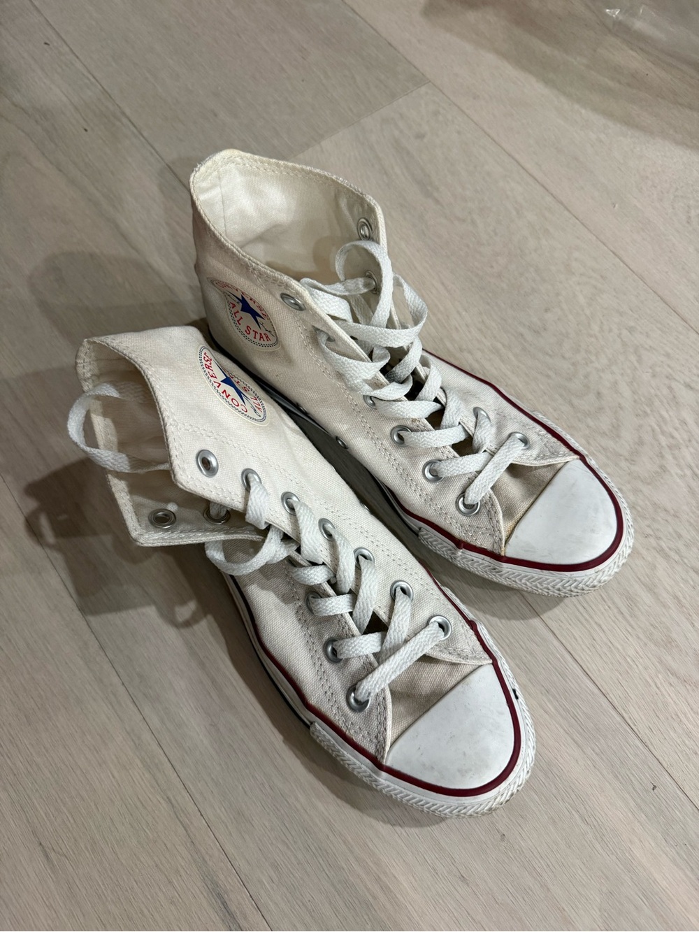 Converse White High Top Sneakers with Red Trim